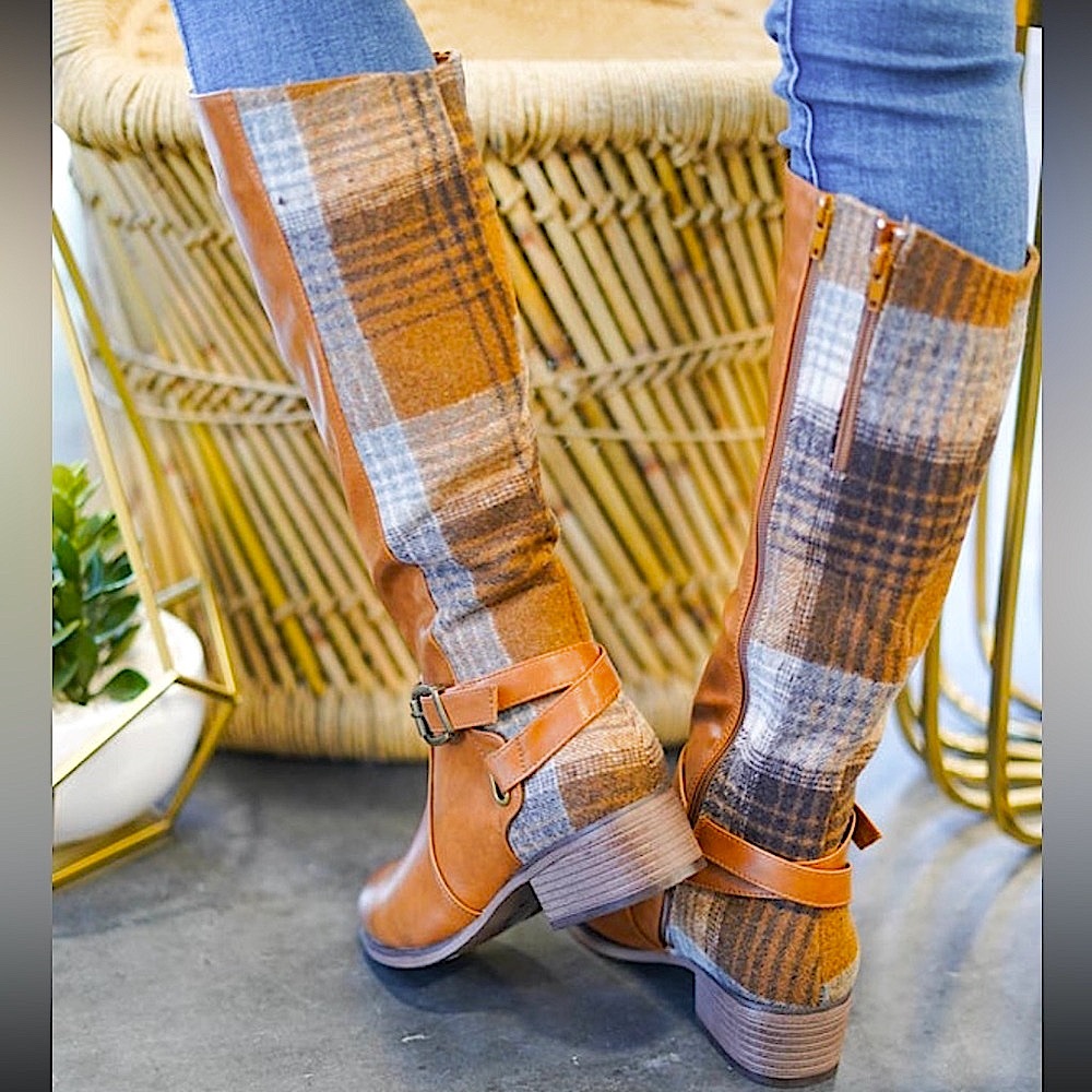 🆕🧡PIERRE DUMAS: TAN COMBO Leather and Plaid Boots